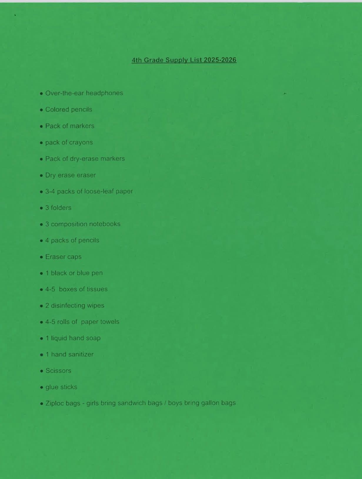 4th grade Supplies